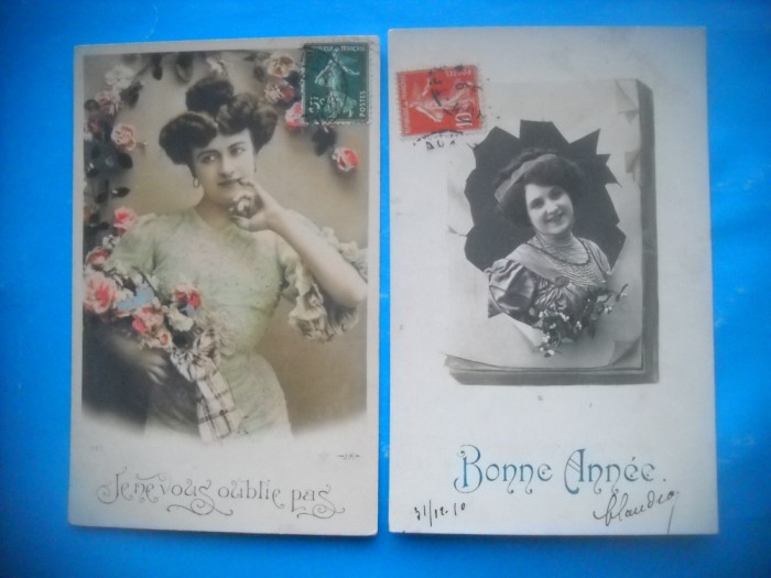 HOPCT 1719 FEMEI..FEMEI-TCV-ROMANTICA-FRANTA-LOT 2 CARTI POSTALE VECHI-CIRCULATE