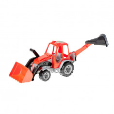 Tractor jucarie cu excavator frontal si incarcator spate, 60 cm, model 145-Culoare Roșu