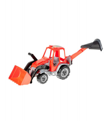Tractor jucarie cu excavator frontal si incarcator spate, 60 cm, model 145-Culoare Roșu foto