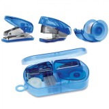 Set papetarie, Mini Perforator, Banda Adeziva si Capsator cu 300 capse, Cutie Transparenta, Albastru, 9,5X6X2 cm