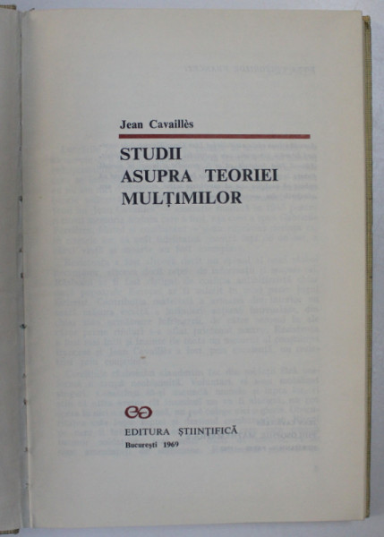 STUDII ASUPRA TEORIEI MULTIMILOR de JEAN CAVAILLES , 1969