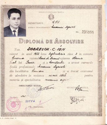 AMS# - DIPLOMA DE ABSOLVIRE SCOALA PROFESIONALA MECANICI AGRICOLI,1964 foto