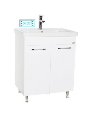 Baza si lavoar ceramic GN0541, mobilier baie stativ 60 cm, front MDF, 2 usi, 2 rafturi, balamale soft close, picioare cromate reglabile, alb foto