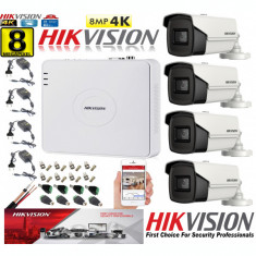 Kit supraveghere ultraprofesional Hikvision 4 camere 8MP 4K, 80 IR, accesorii incluse, live internet foto