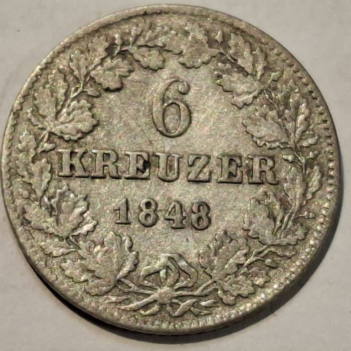 Germania Bavaria 6 kreuzer 1848 / Karlsruhe argint Frederic l