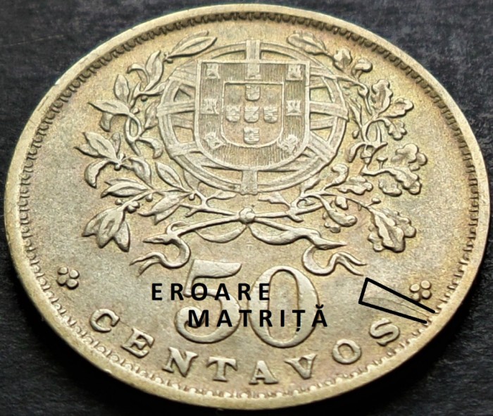 Moneda istorica 50 CENTAVOS - PORTUGALIA, anul 1946 *cod 3588 - EROARE