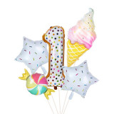 Balon folie gigant cifra 1, inaltime 80 cm, decor Candy gogoasa, inghetata, 5 piese