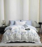 Cumpara ieftin Lenjerie de lux pentru pat dublu,bumbac finet,6 piese,cearceaf cu elastic,alba lila,imprimeu cu flori albastre-A1006, Jojo Home