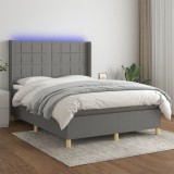 vidaXL Pat cu arcuri, saltea și LED, gri &icirc;nchis, 140x200 cm, textil