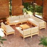 vidaXL Set mobilier grădină cu perne crem, 12 piese, lemn masiv de pin 3096869