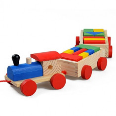 Trenulet din lemn cu vagoane si cuburi - Montessori foto