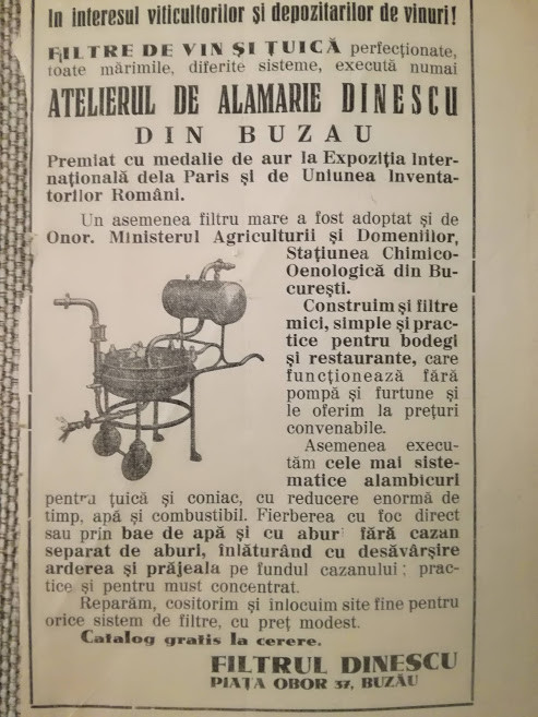 1939, reclamă Atelierul de alămărie Dinescu, țuică și vin, Piața Obor 37 BUZĂU