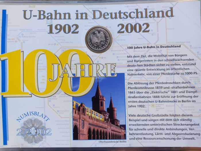GERMANIA - FDC + MONEDA PROOF - 10 EURO 2002 D, ANIV. 100 ANI METROUL GERMAN