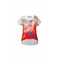 Tricou dama By Swan, imprimat floral, cu strasuri, Rosu/Alb