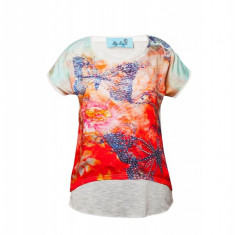 Tricou dama By Swan, imprimat floral, cu strasuri, Rosu/Alb