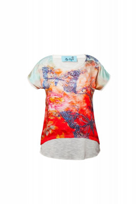 Tricou dama By Swan, imprimat floral, cu strasuri, Rosu/Alb foto