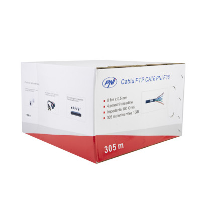 Cablu FTP CAT6 PNI F06 cu 4 perechi pentru internet 1 Gigabit si sisteme de supraveghere Rola 305m foto