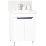 Set mobilier baie GN7561, cu lavoar ceramic, circular, front MDF, 60 cm, 2 usi, raft, picioare cromate reglabile, alb/antracit
