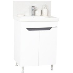 Set mobilier baie GN7561, cu lavoar ceramic, circular, front MDF, 60 cm, 2 usi, raft, picioare cromate reglabile, alb/antracit