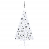VidaXL Jumătate brad Crăciun artificial cu set globuri, alb, 120 cm