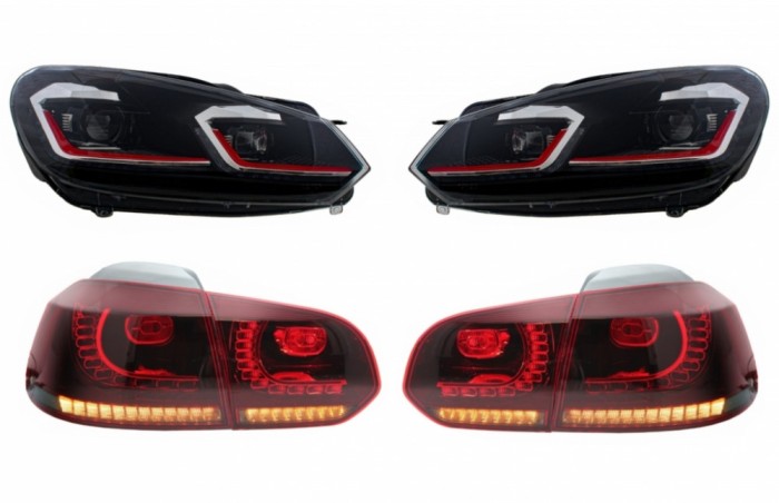 Faruri LED si Stopuri FULL LED VW Golf 6 VI (2008-2013) Facelift G7.5 GTI Design Rosu Semnalizare Secventiala LHD Performance AutoTuning