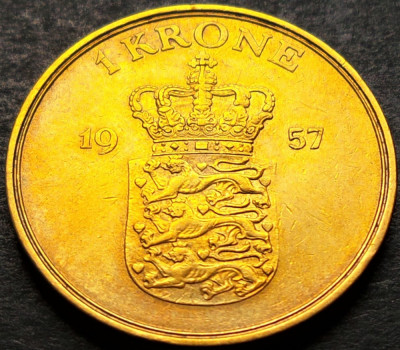 Moneda istorica 1 COROANA - DANEMARCA, anul 1957 *cod 5207 C&amp;hearts;S foto