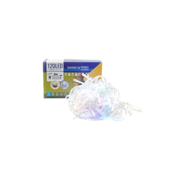 Instalatie Craciun eMazing, tip perdea, 2 m X 1 m, 120 LED-uri, prelungitor 1.5 m, 8 jocuri de lumini, interconectabila, fir transparent, interior/ext