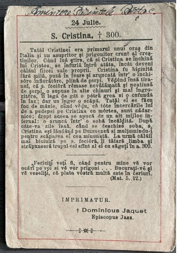 1895 - 1897 iconita catolica Iasi / Jassy / Jass / Jasi Sfanta Cristina / binecuv de Dominic Jacquet / a apartinut parintelui marturisitor Ioan P&acirc;rțac