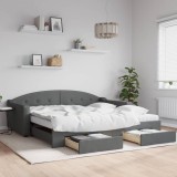 vidaXL Pat de zi cu extensie și sertare, gri &icirc;nchis, 100x200 cm textil