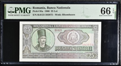 25 lei 1966 PMG66 UNC bancnota gradata foto