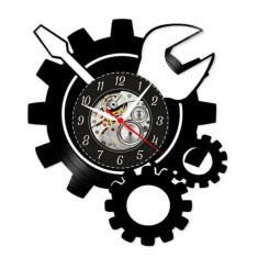 Ceas de Perete Decorativ &ldquo;Master Mechanic &ndash; Tools &amp; Gears&rdquo;, din Disc Vinil Reciclat, Design Service Auto, Negru, Mecanism Silențios (Sweep)