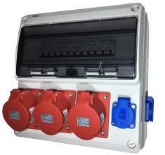 Tablou electric echipat cu 3 prize 5 poli 32A si 2 prize monofazice schuko si sigurante organizare de santier plastic IP44