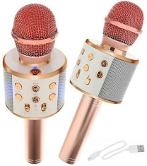 Microfon Bluetooth 4.0 Wireless pentru Karaoke cu Difuzor Incoroprat, cardSD, AUX, 1200 mAh, Rose foto