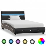 Cadru de pat cu LED, negru, 90 x 200 cm, piele artificială, Cires, Dublu, Cu polite semirotunde, vidaXL