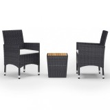 Set bistro de gradina, 3 piese, negru, poliratan si lemn masiv