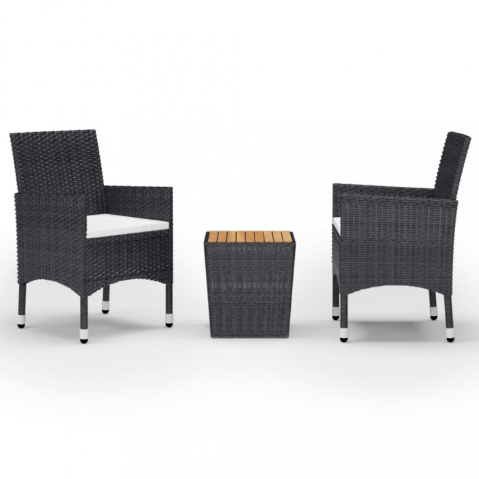 Set bistro de gradina, 3 piese, negru, poliratan si lemn masiv