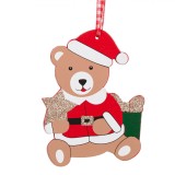 Ornament Brad Crăciun, Model Ursuleț Cadou, Lemn, Glitter Bej, 10 cm, Oem