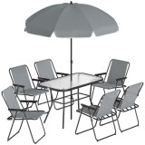 Outsunny Set de Masă de Grădină 8 Piese cu Umbrelă, Set Mobilier Grădină cu 6 Scaune Pliabile, Masă din Sticlă Temperată și Umbrelă pentru Terasă, Gri