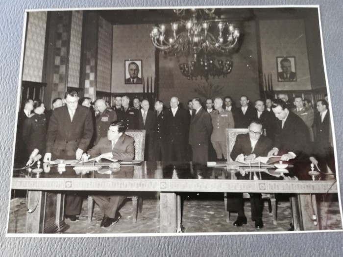 Fotografie 13x18, semnare docum.colaborare, Gheorghiu Dej, Chivu Stoica, Jukov
