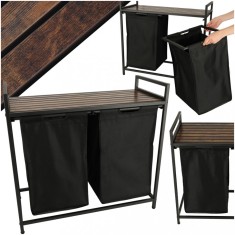Cos mare de rufe cu doua compartimente, cu raft si blat din lemn, model LOFT,