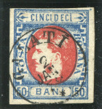1869 , Lp 24a , Carol I cu favoriti 50 Bani albastru-rosu , stampila mica Galati