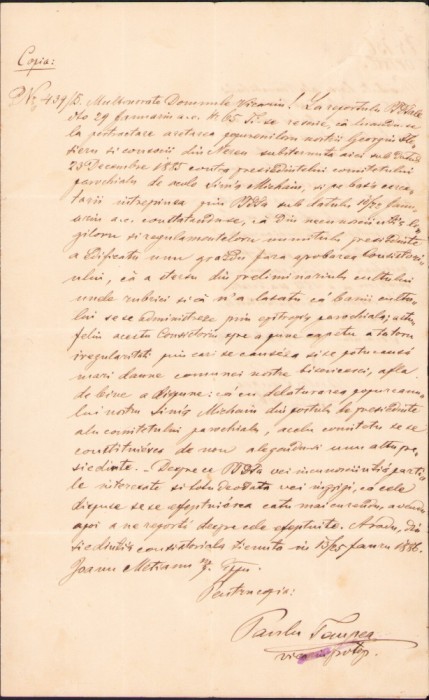 A2538N Copie olografă de epocă, 1886, după decizie episcop Ioan Mețianu