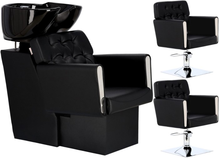 Set Scafă coafor profesională unitate de spălare model Maya + 2 x scaune de coafură hidraulic pivotant pentru picioare și accesorii bol ceramic