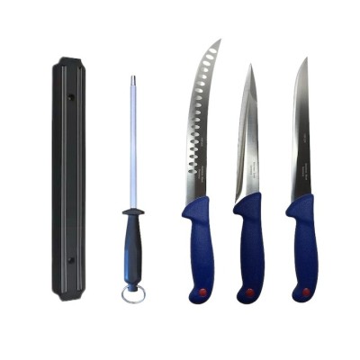 Set profesional de macelarie, dezosat, injunghiat, transat, filetat, 3 cutite, masat pentru ascutit, suport magnetic foto