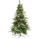 Brad de craciun artificial, decorat cu conuri pin rosii, inaltime 180 cm, bogat in ramuri, premium, suport metalic inclus, verde