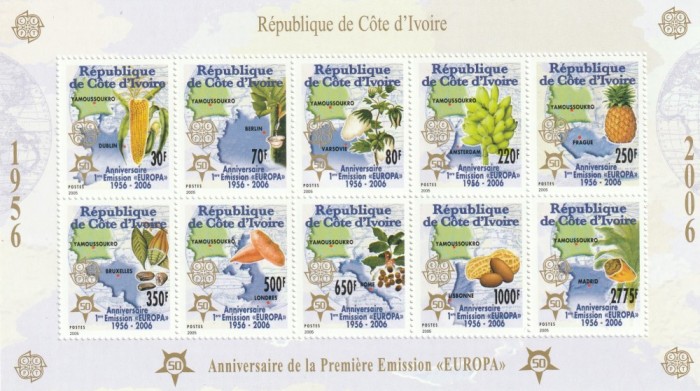Coasta de Fildes (Cote d&#039;Ivoire} 2005 - 50 ani Europa CEPT, bloc 10 valori dantelate,MNH,Mi.1461A-1470A KB