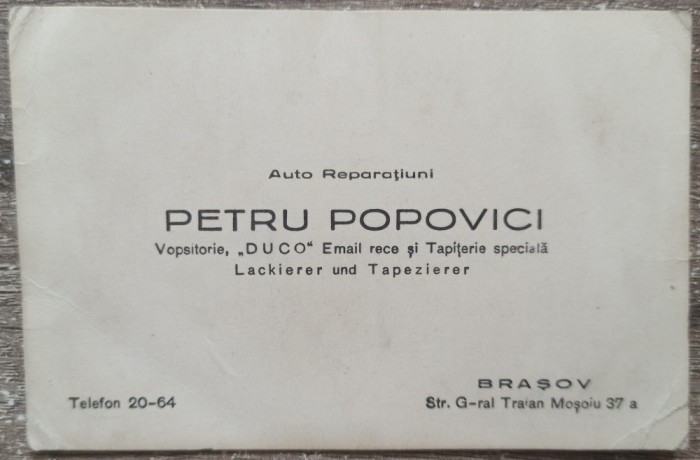 Reclama interbelica Auto Reparatiuni Petru Popovici, Brasov