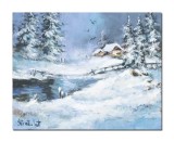 Cumpara ieftin Tablou pictat manual, Peisaj de iarna, 50x40cm ulei pe panza in cutit efect 3D, gata de expus pe perete