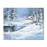 Tablou pictat manual, Peisaj de iarna, 50x40cm ulei pe panza in cutit efect 3D, gata de expus pe perete