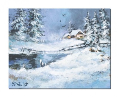 Tablou pictat manual, Peisaj de iarna, 50x40cm ulei pe panza in cutit efect 3D, gata de expus pe perete foto